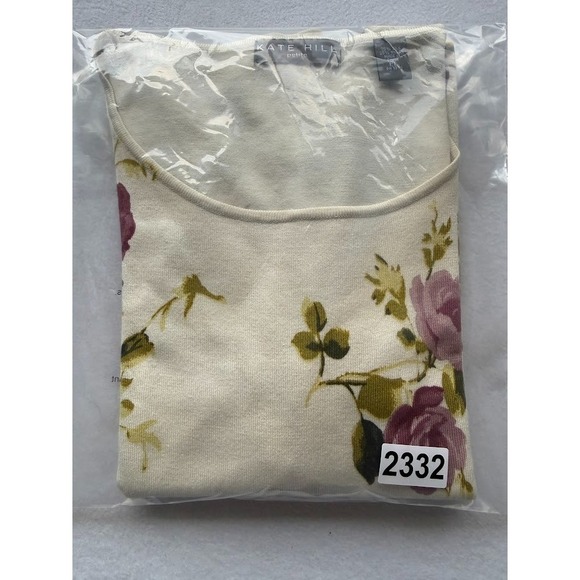 Kate Hill Top Women Petite Large Ivory Floral Scoop Neck 3/4 Sleeve Lightweight - Picture 14 of 14